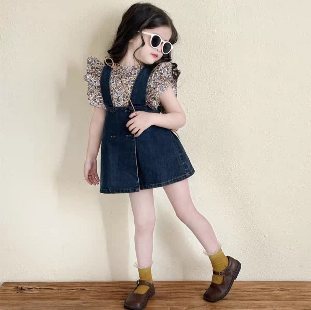 Floral sleeveless denim set 2pcs