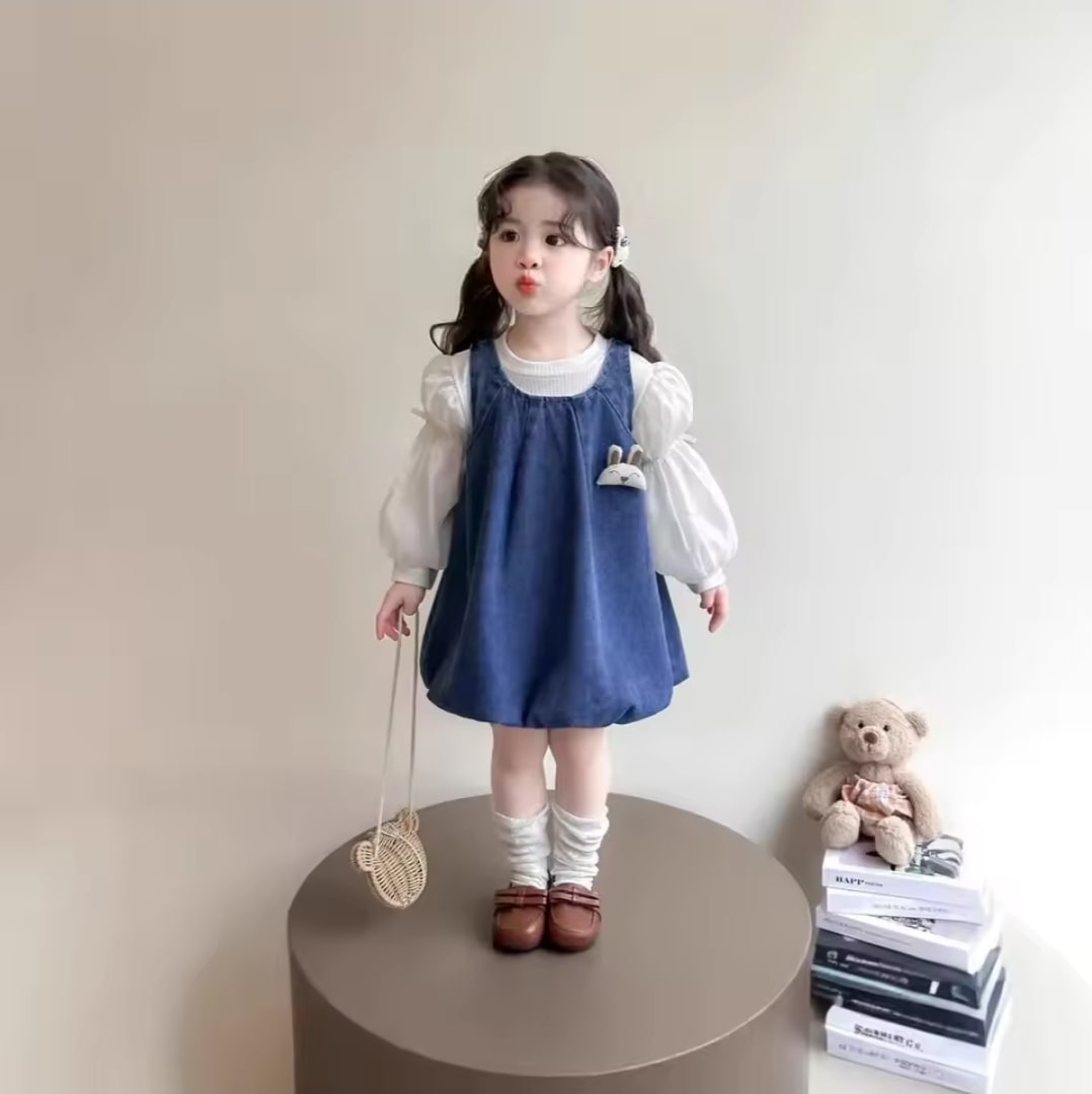 Rabbit denim puff dress 2pcs