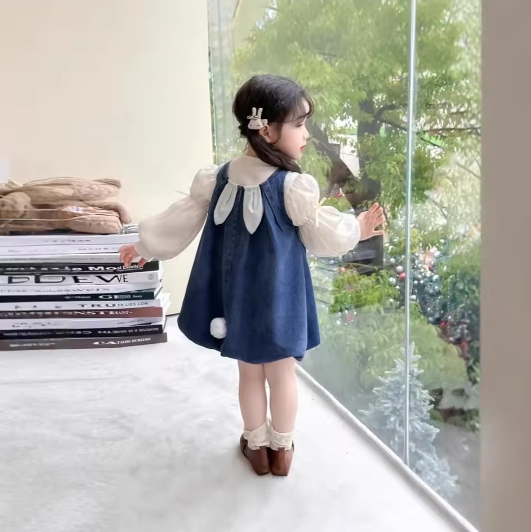 Rabbit denim puff dress 2pcs