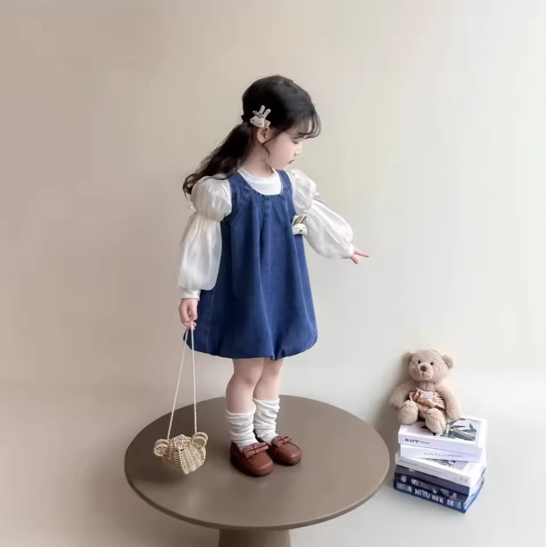Rabbit denim puff dress 2pcs
