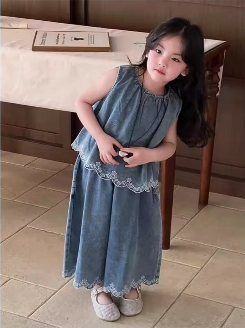 Wide vest denim suit 2pcs