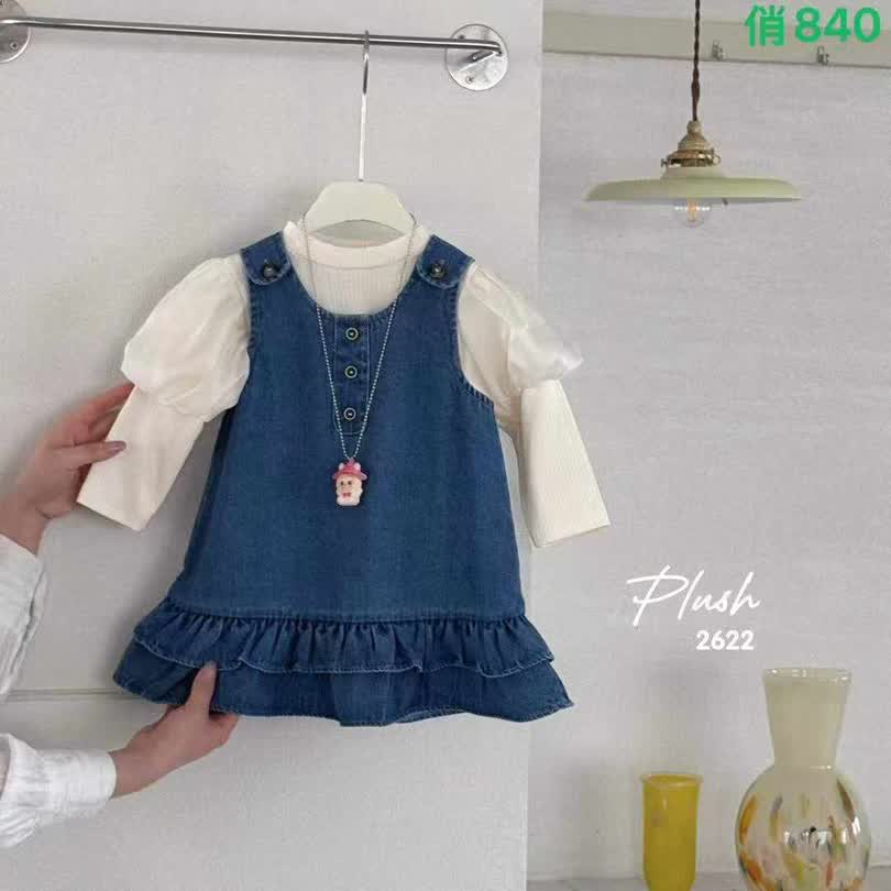 Denim puff sleeve dress 2pcs