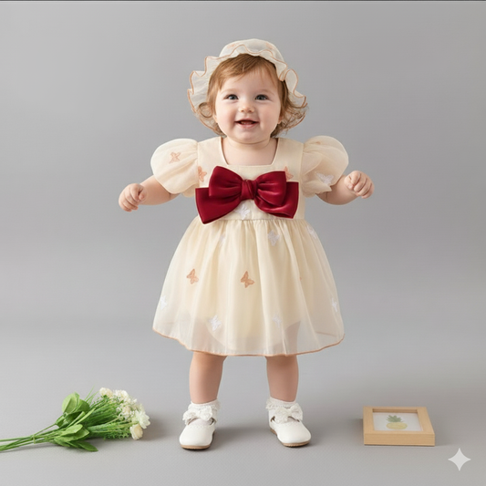 Butterfly bow dress with cap 2pcs