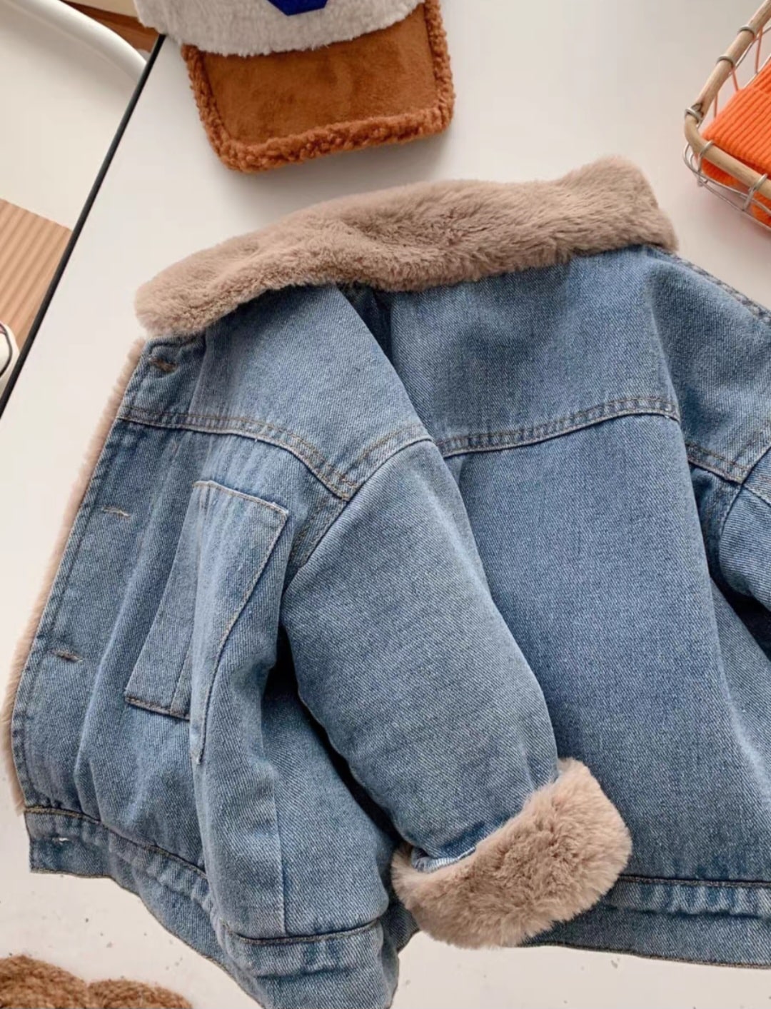 Denim fur jacket.