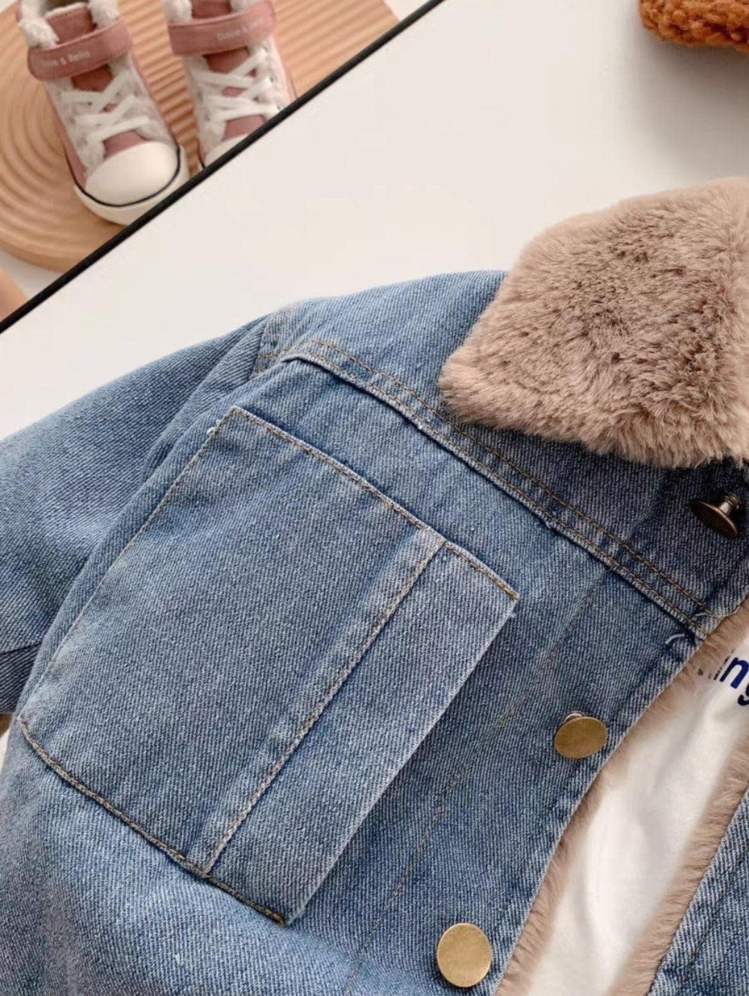 Denim fur jacket.