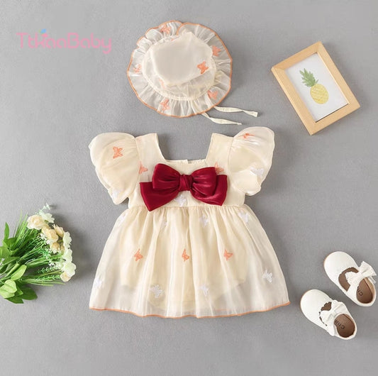 Butterfly bow dress with cap 2pcs