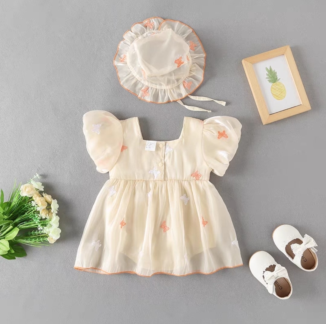 Butterfly bow dress with cap 2pcs