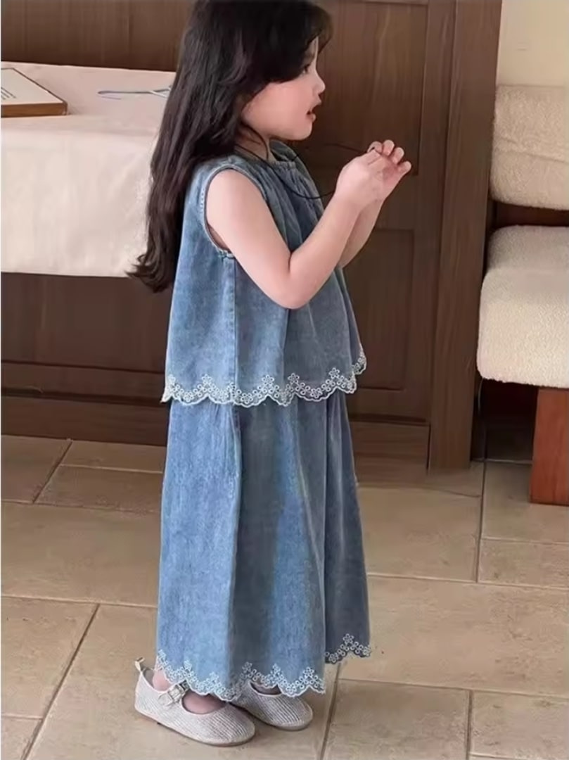 Wide vest denim suit 2pcs