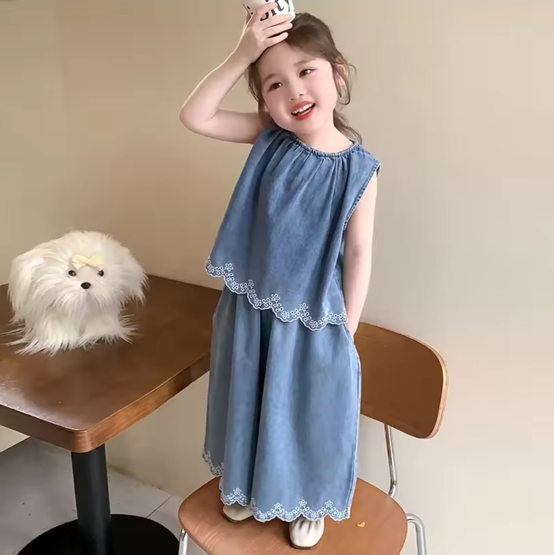 Wide vest denim suit 2pcs