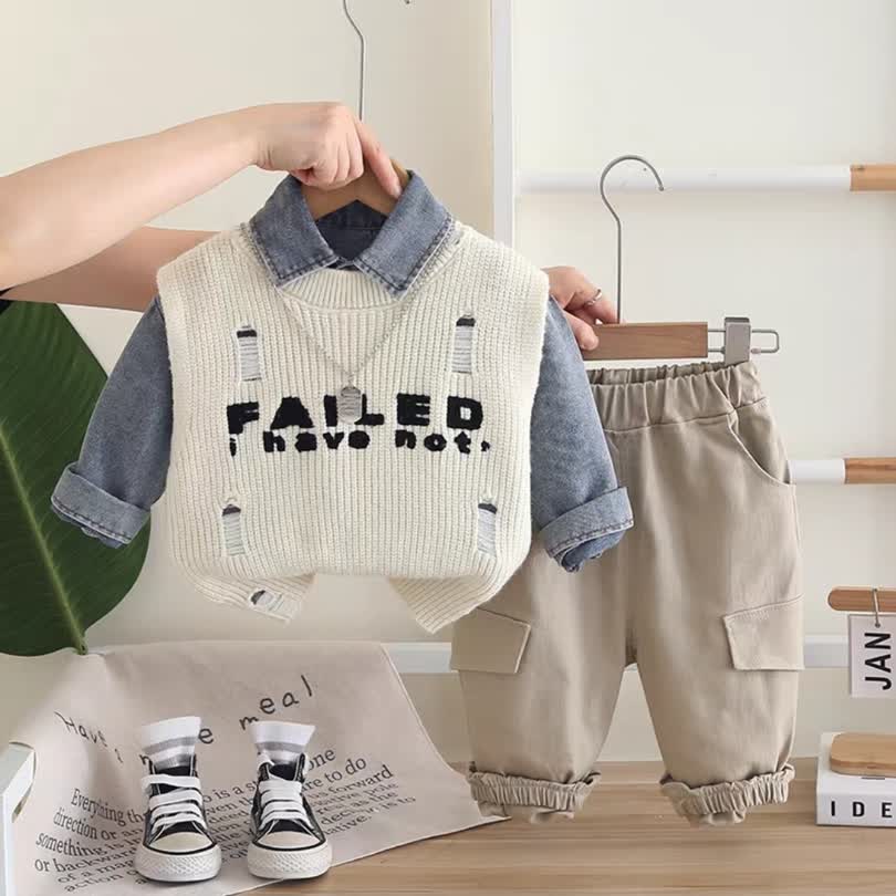 Wool vest denim set 3pcs