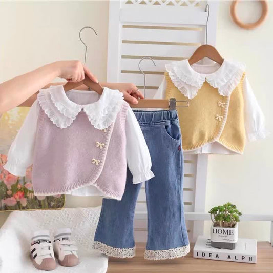 Cute bow denim set 3pcs