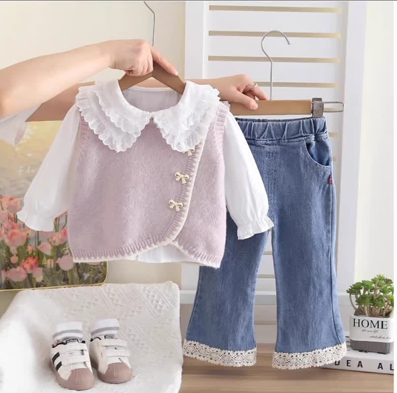 Cute bow denim set 3pcs