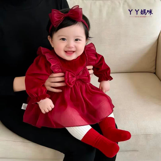 Bow shiny sleeve dress 2pcs