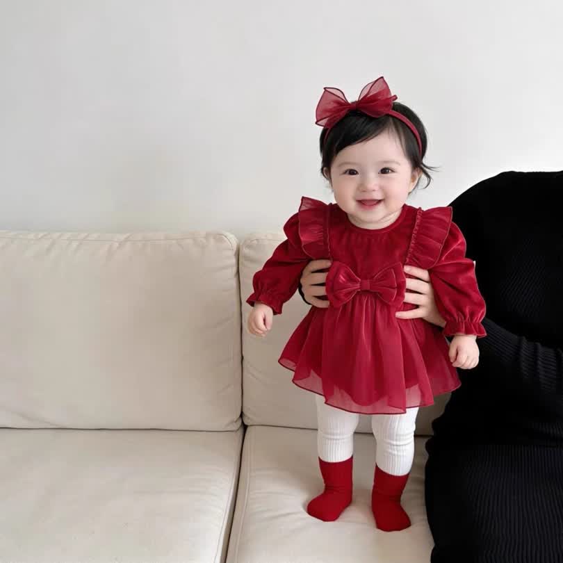 Bow shiny sleeve dress 2pcs