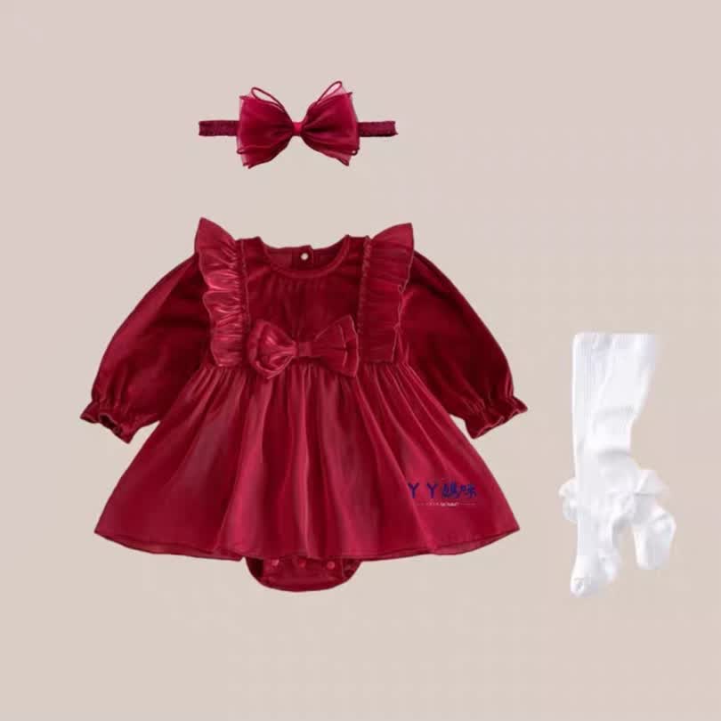 Bow shiny sleeve dress 2pcs