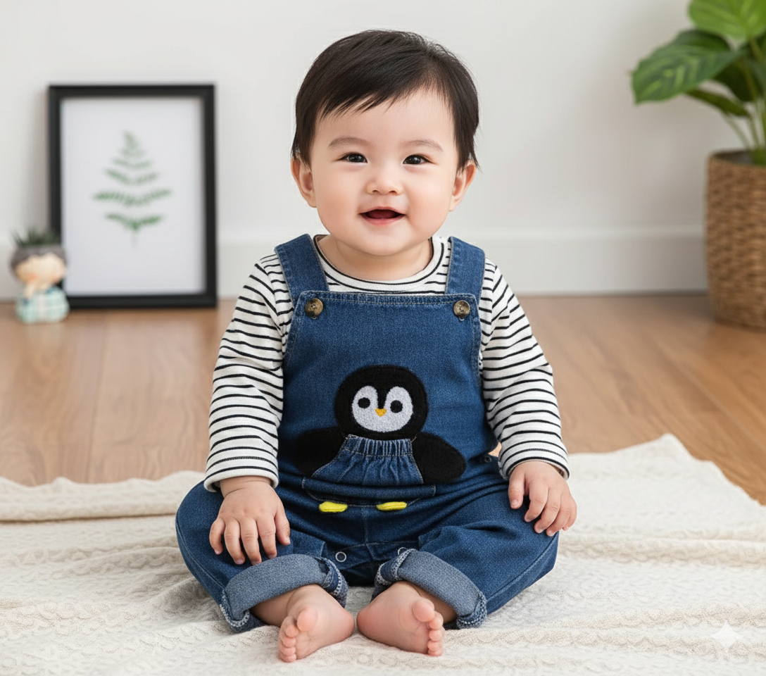 Penguin denim jumpsuit 2pcs